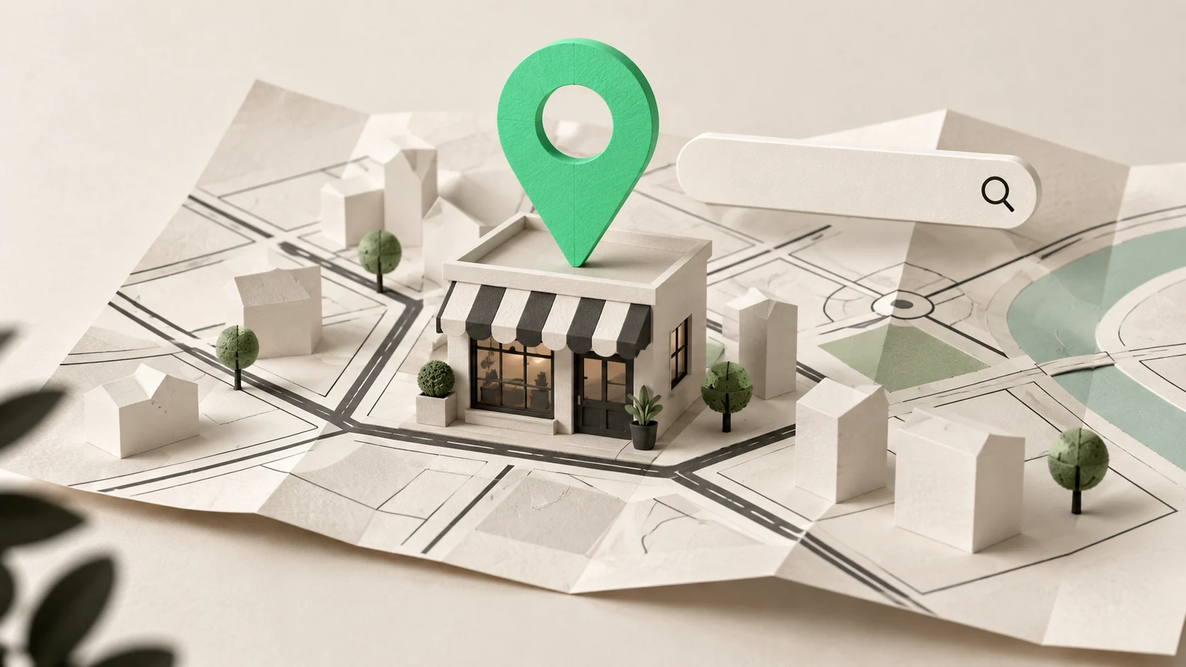 Commerce miniature sur une carte de quartier, surmonté d'un repère de localisation vert