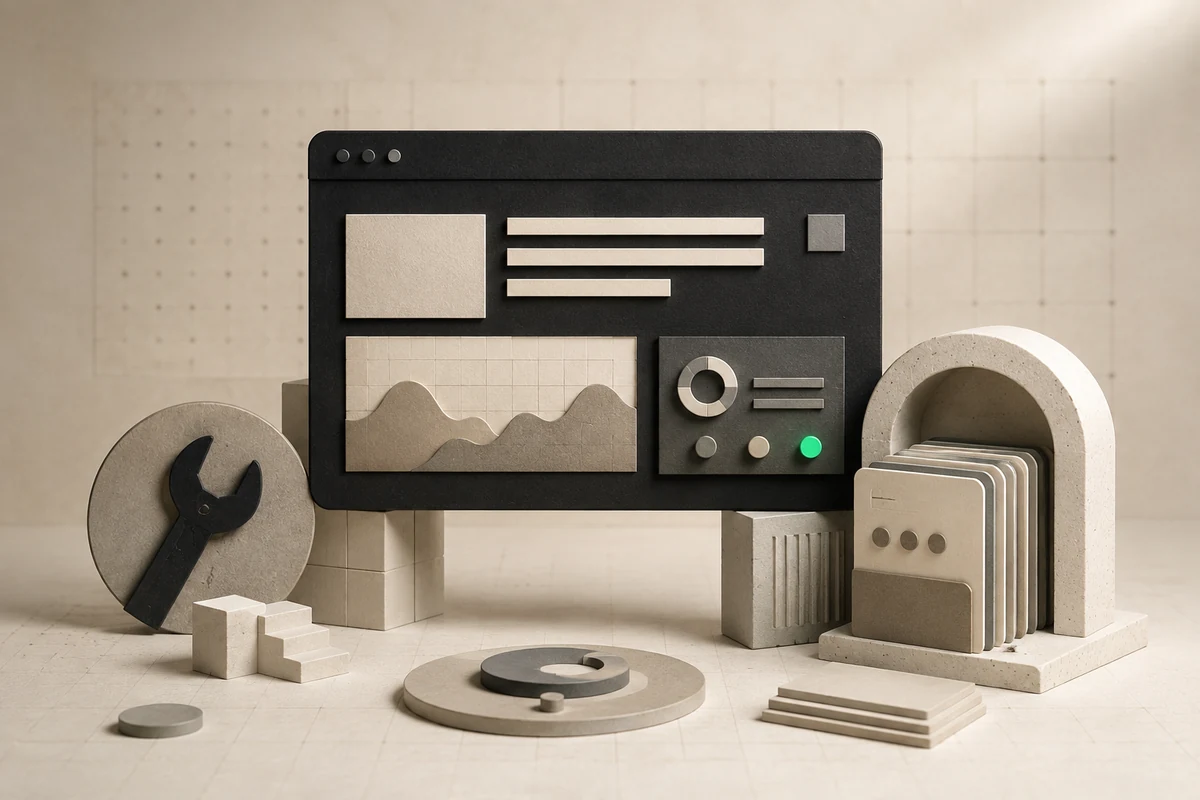 Maquette éditoriale d'un site surveillé avec modules de maintenance, indicateur d'état et sauvegardes