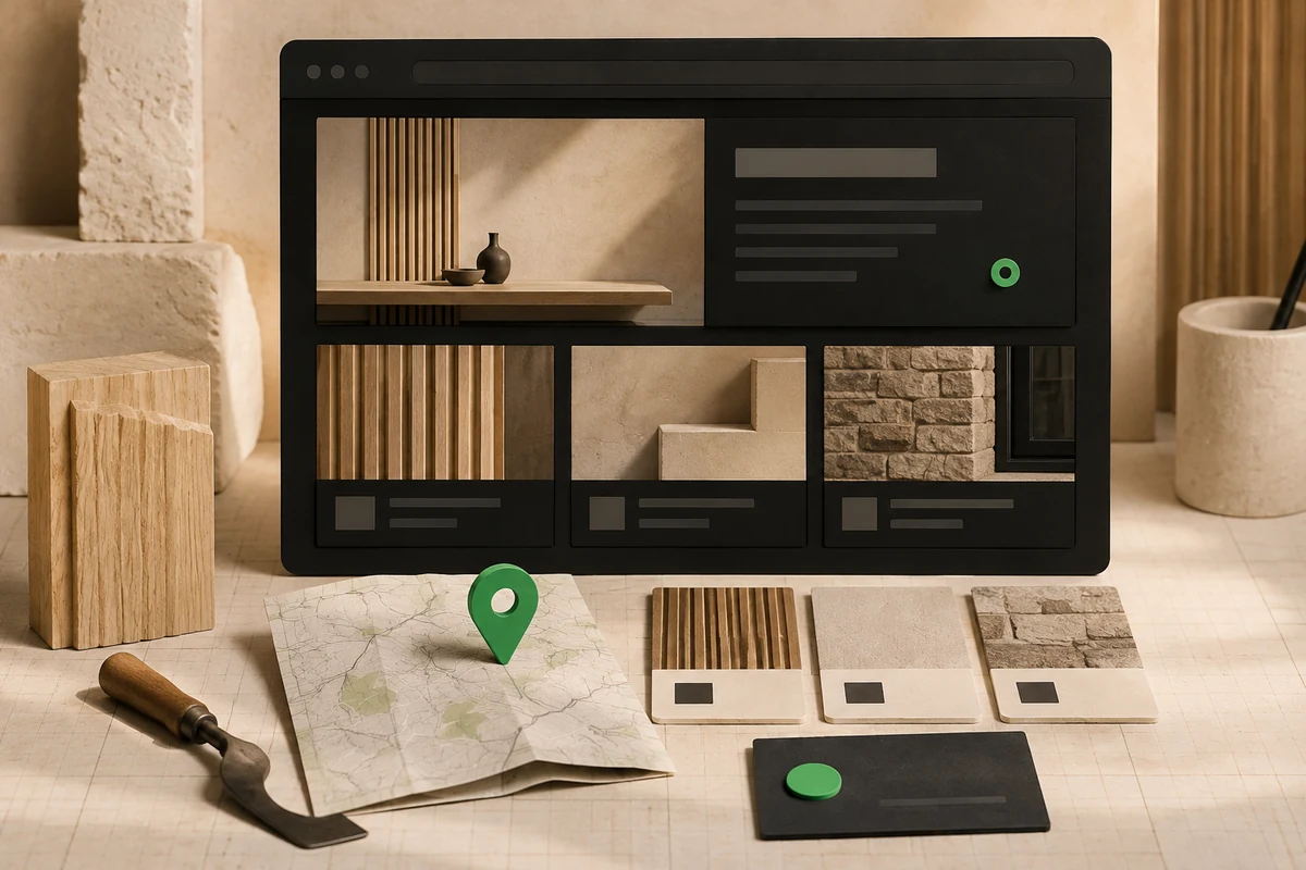 Site web d'artisan présenté avec des échantillons de bois, de pierre et une carte locale