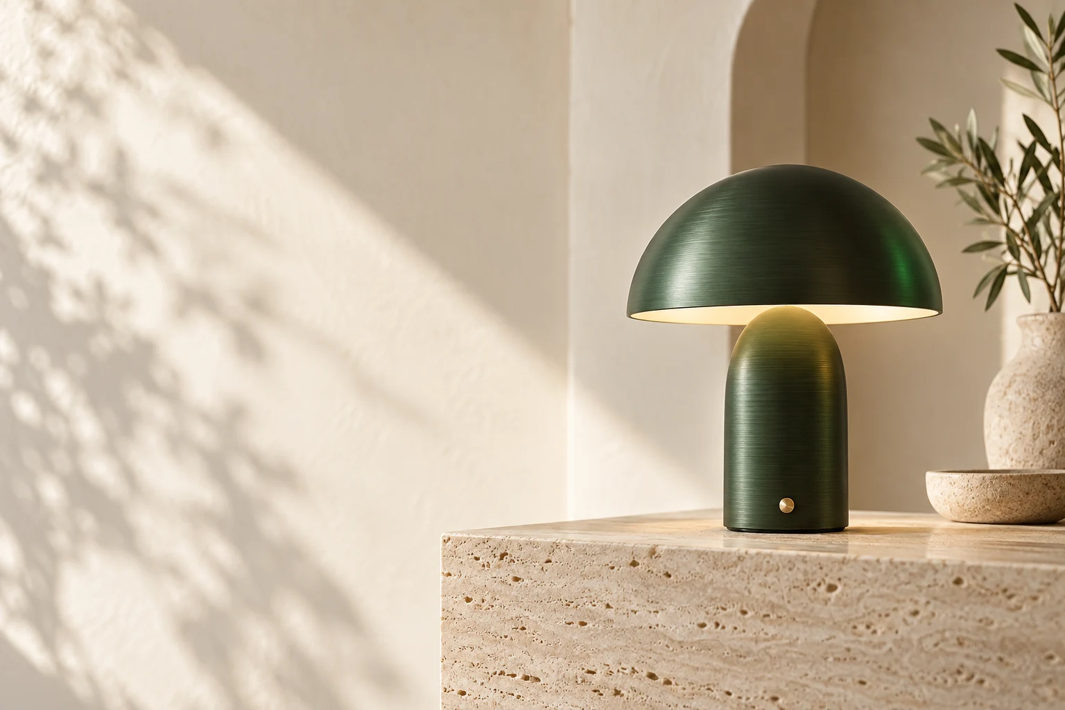 Illustration générée d'une lampe verte posée sur un socle en pierre