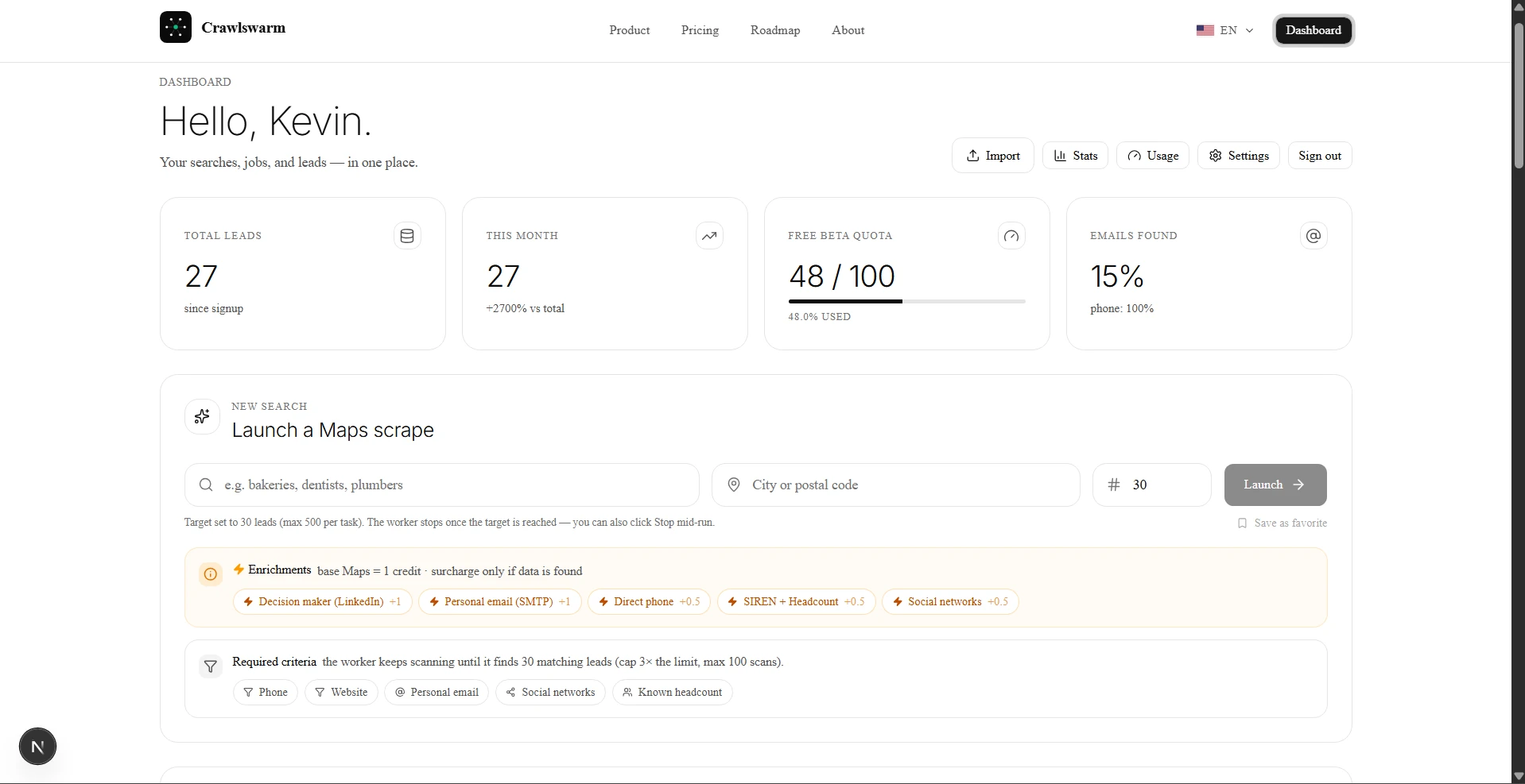 Aperçu du tableau de bord CrawlSwarm
