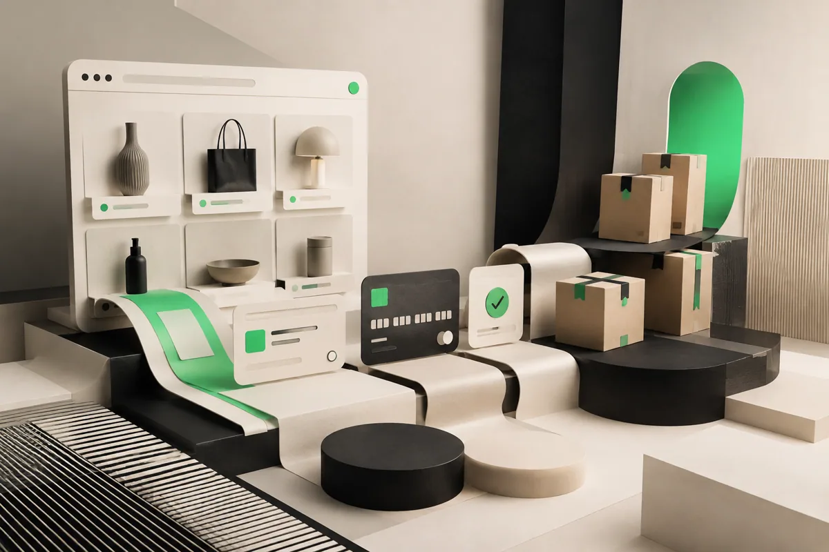 Boutique en ligne, paiement et colis organisés dans un parcours e-commerce abstrait
