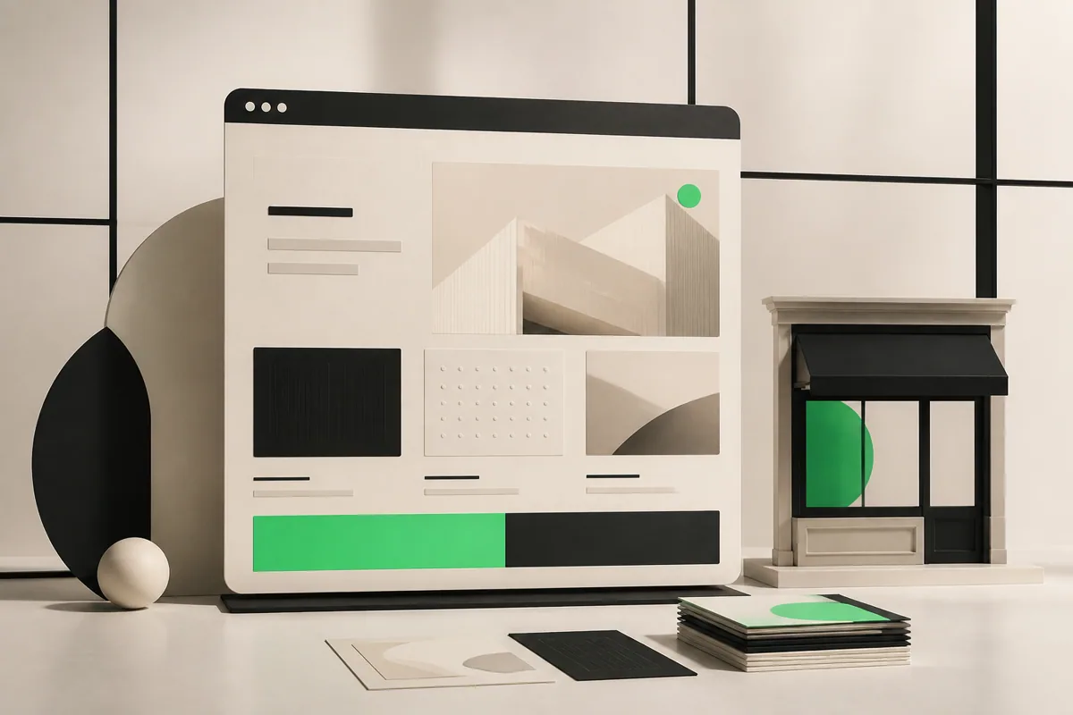 Interface de site vitrine et façade de boutique représentées dans une composition éditoriale