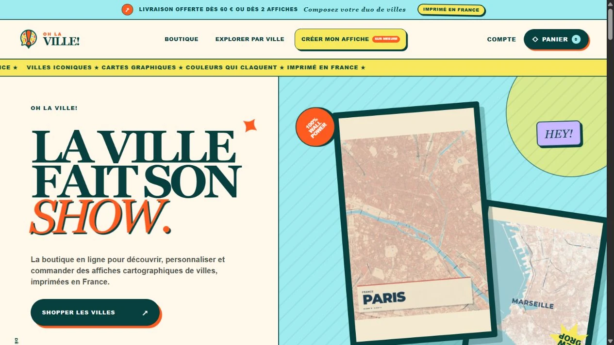 Oh la ville : accueil de la boutique et affiches Paris et Marseille