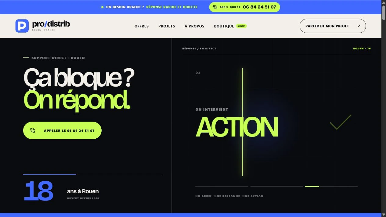 Accueil actuel du site PRODISTRIB : Ça bloque ? On répond.